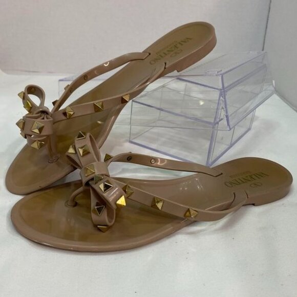 Valentino Garavani Rockstud Bow Jelly Thong Flip Flop Sandals Nude Beige 39 - Picture 9 of 15